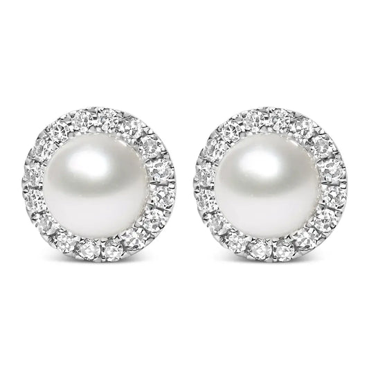 Elegant 10k White Gold Pearl and Cttw Diamond Halo Stud Earrings