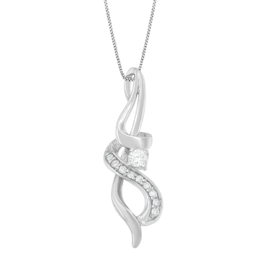 Elegant 10k White Gold Round Cut Diamond Swirl Pendant Necklace