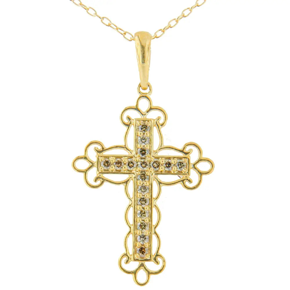 10k Yellow Gold Flashed.925 Silver 1/4 Cttw Champagne Diamond Cross Pendant