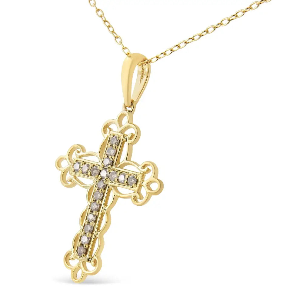 10k Yellow Gold Flashed.925 Silver 1/4 Cttw Champagne Diamond Cross Pendant