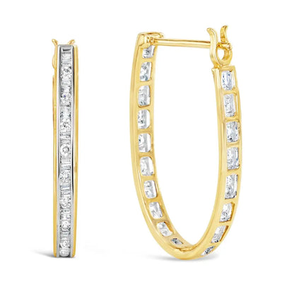 Elegant 10k Yellow Gold Baguette-cut Diamond U-hoop Earrings