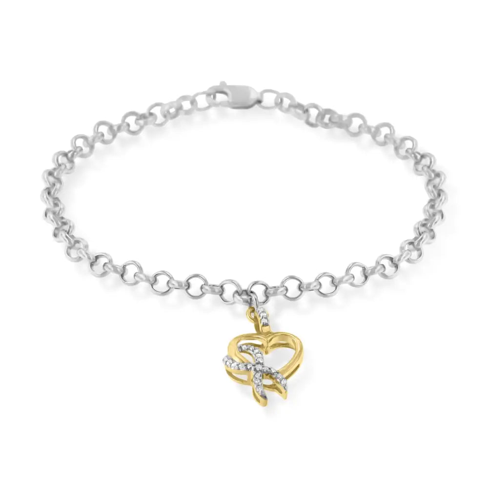 Elegant 10k Yellow Gold Diamond Awareness Ribbon Charm Bracelet in Silver