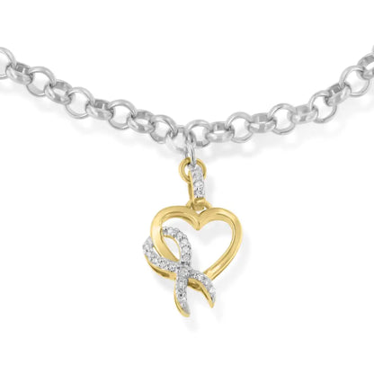 Elegant 10k Yellow Gold Diamond Awareness Ribbon Charm Bracelet in Silver