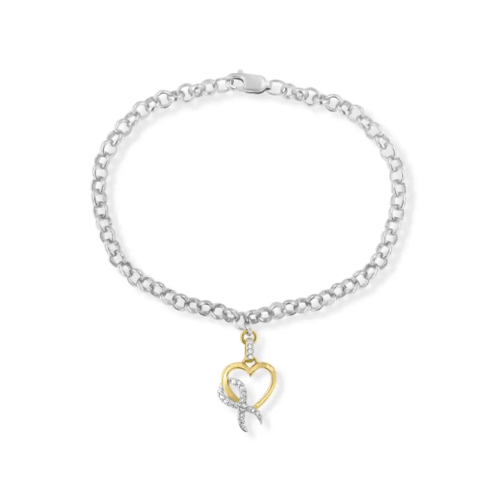 Elegant 10k Yellow Gold Diamond Awareness Ribbon Charm Bracelet in Silver