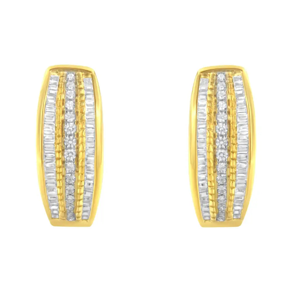 Elegant 10k Yellow Gold Diamond Triple Row Hoop Earrings