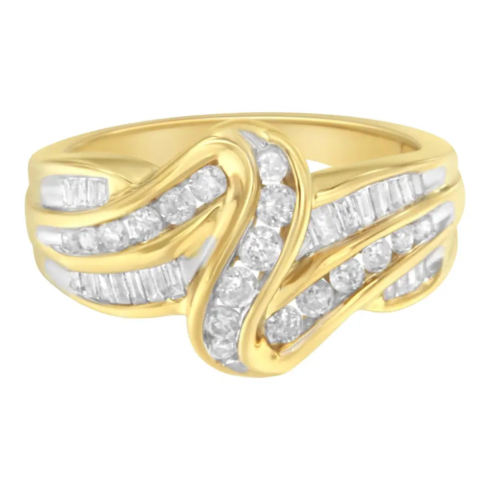 Elegant 10k Yellow Gold Double Shank Bypass Ring with Channel Set Diamonds