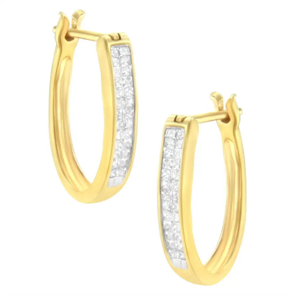 Elegant 10k Yellow Gold Invisible Set Princess-cut Diamond Hoop Earrings