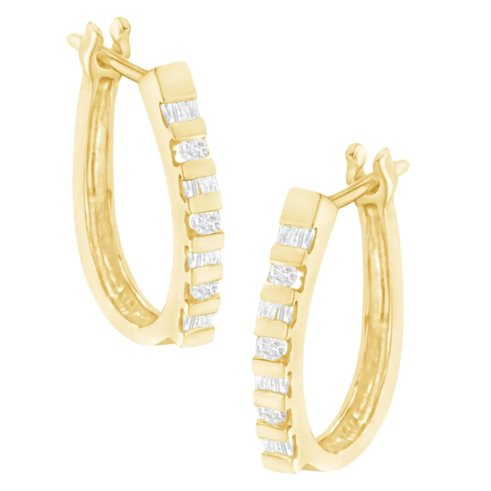 Elegant 10k Yellow Gold Oblong Hinged Leverback Earrings with Baguette Cut