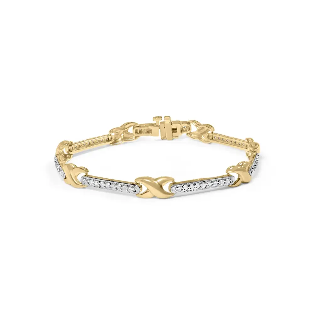 Elegant 10k Yellow Gold Pave Set Diamond Bar and X-link Bracelet