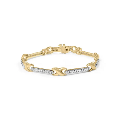 Elegant 10k Yellow Gold Pave Set Diamond Bar and X-link Bracelet