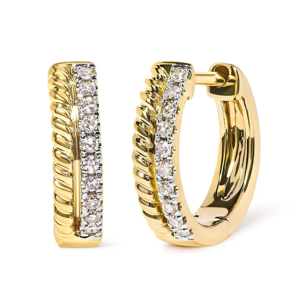 Elegant 10k Yellow Gold Rope Twist Huggy Hoop Earrings with Diamonds