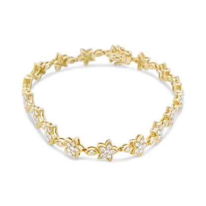 Elegant 14k Gold Diamond Floral Star-shaped Link Bracelet 1.2 Cttw