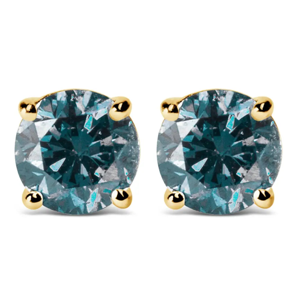 Elegant 14k Gold Round Brilliant Cut Lab Grown Blue Diamond Stud Earrings