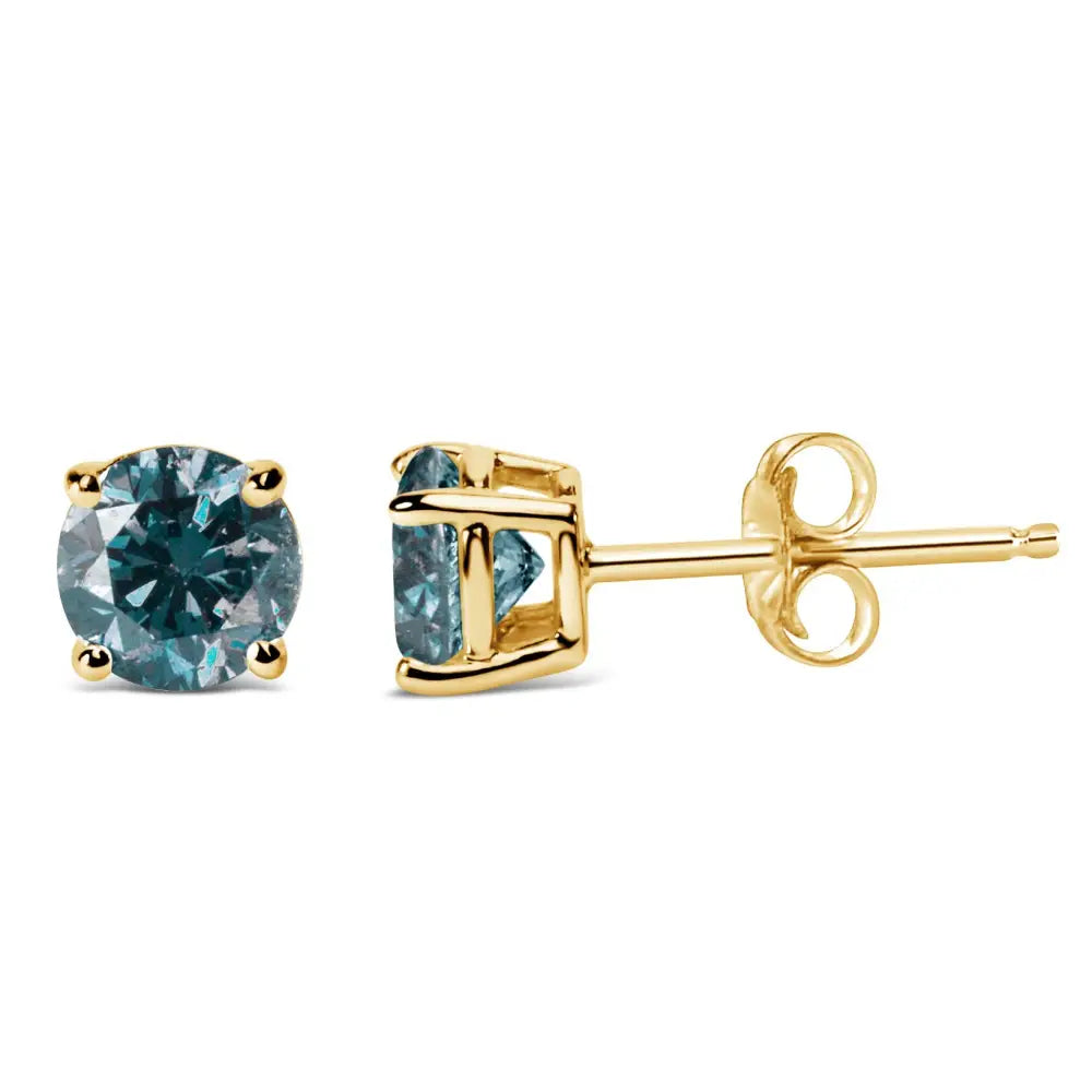 Elegant 14k Gold Round Brilliant Cut Lab Grown Blue Diamond Stud Earrings