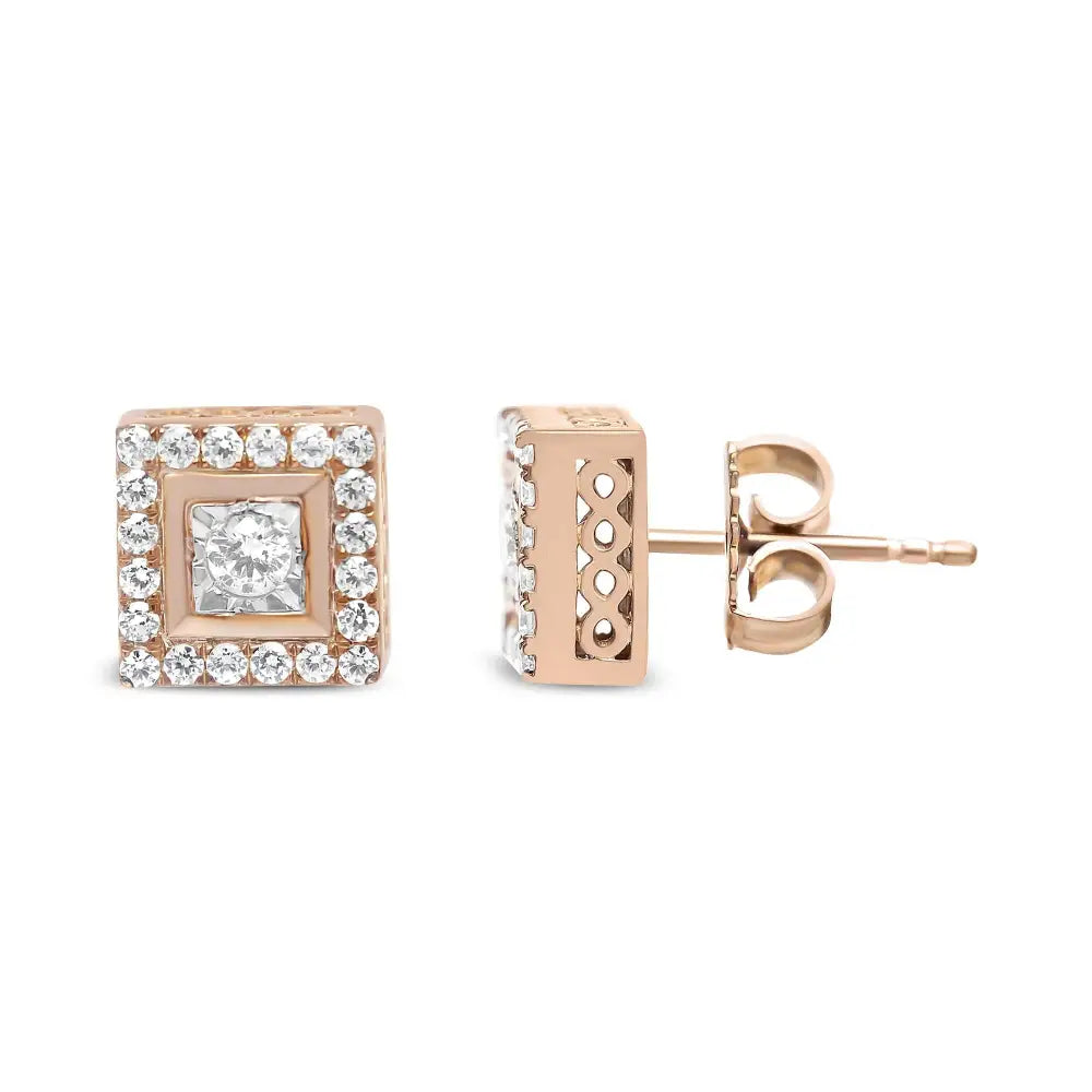 Elegant 14k Rose Gold Cttw Diamond Halo Frame Stud Earrings - 0.5