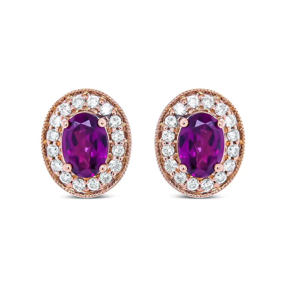 Elegant 14k Rose Gold Oval Cut Garnet and Diamond Halo Stud Earrings