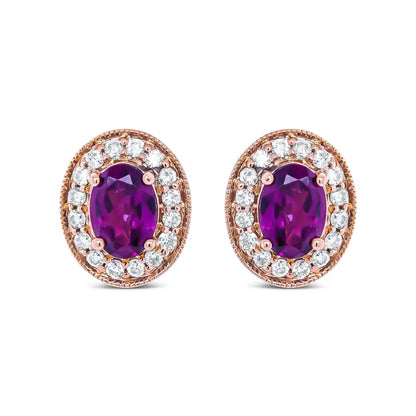 Elegant 14k Rose Gold Oval Cut Garnet and Diamond Halo Stud Earrings