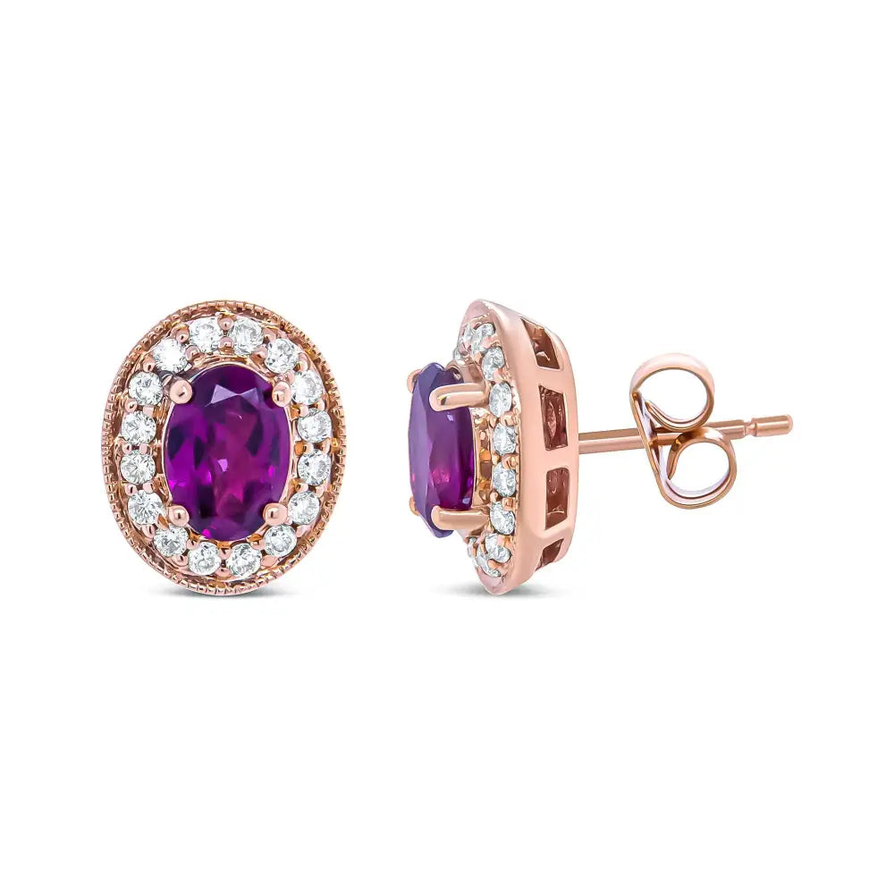 Elegant 14k Rose Gold Oval Cut Garnet and Diamond Halo Stud Earrings