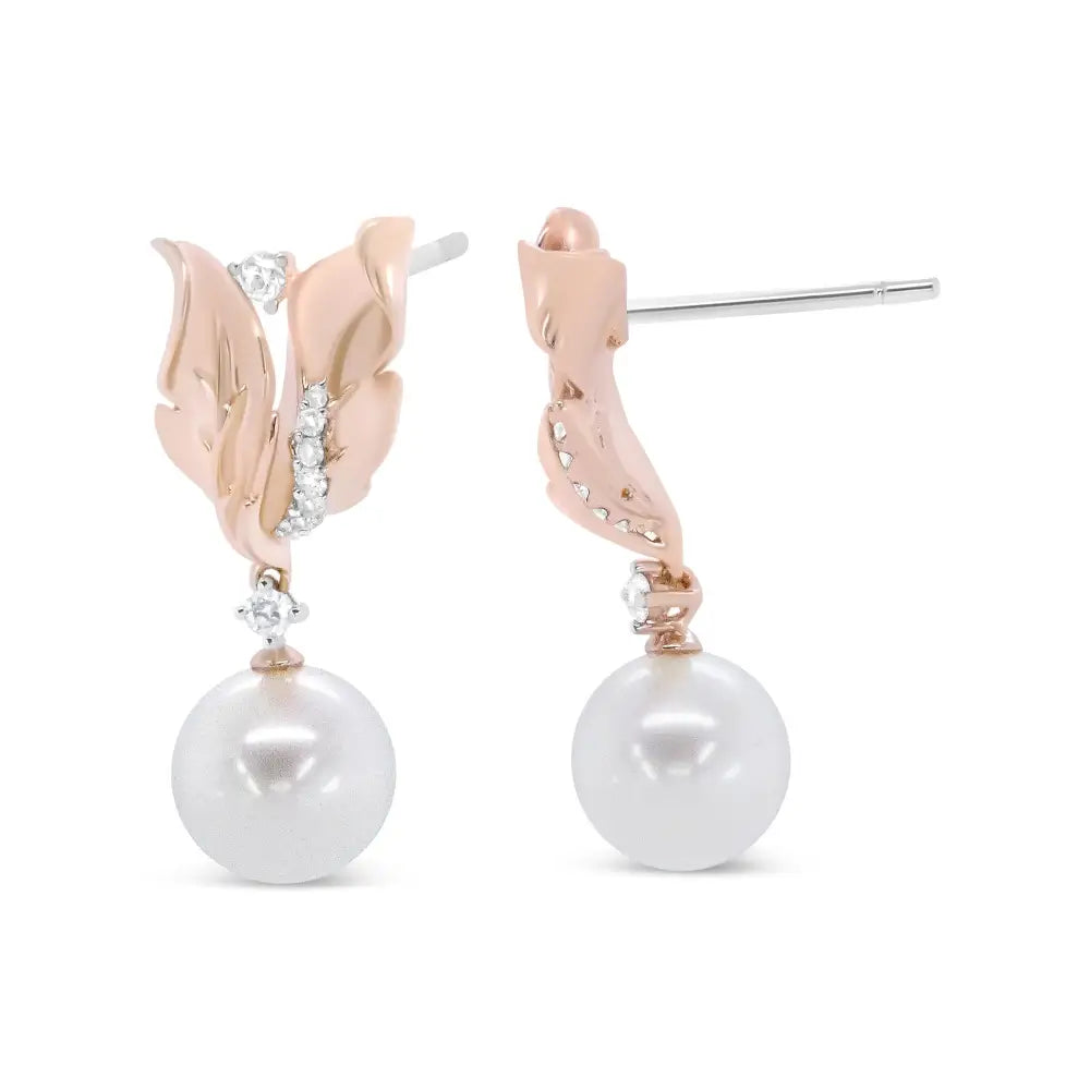 Elegant 14k Rose Gold Pearl Floral Drop Earrings with Diamonds