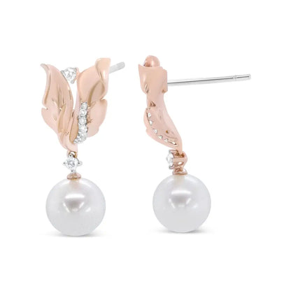 Elegant 14k Rose Gold Pearl Floral Drop Earrings with Diamonds