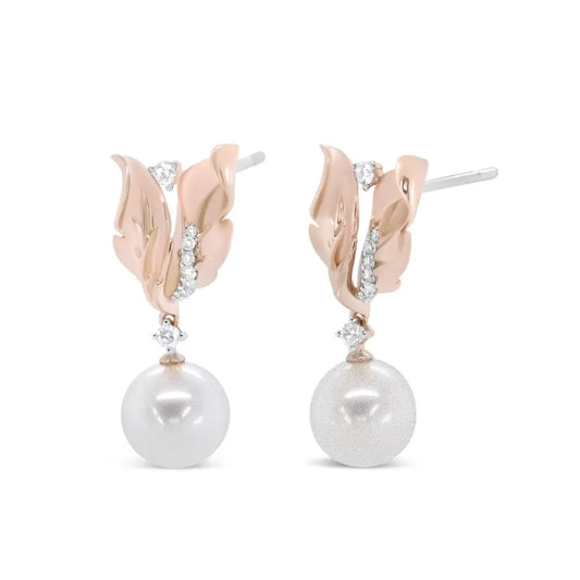 Elegant 14k Rose Gold Pearl Floral Drop Earrings with Diamonds