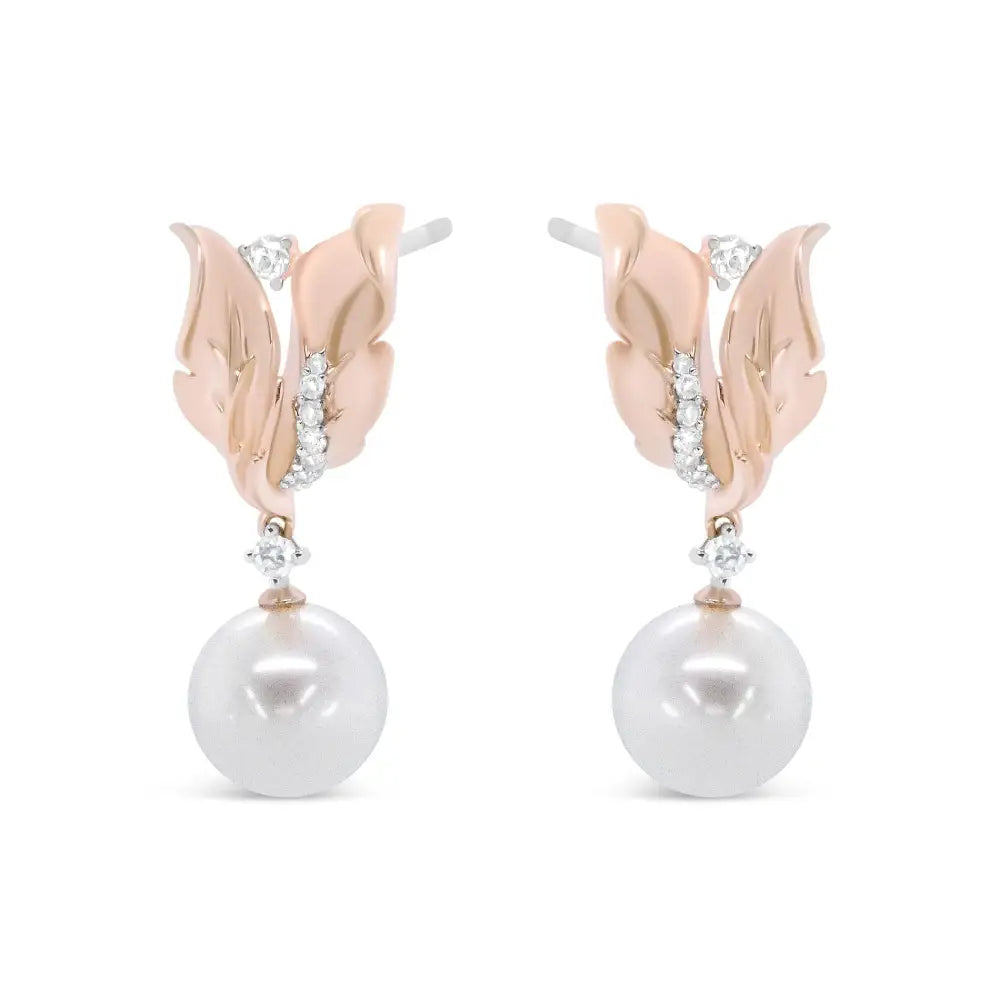 Elegant 14k Rose Gold Pearl Floral Drop Earrings with Diamonds