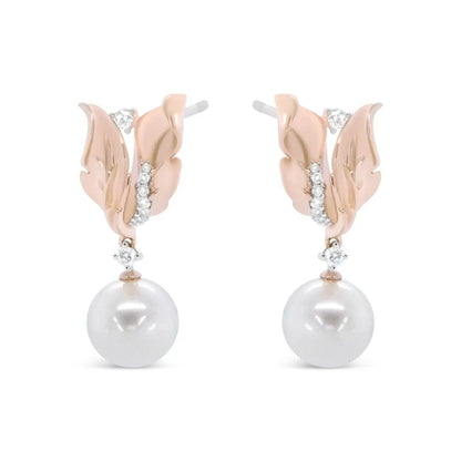 Elegant 14k Rose Gold Pearl Floral Drop Earrings with Diamonds