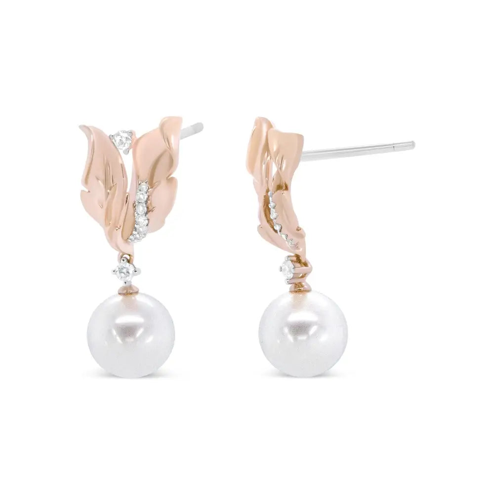 Elegant 14k Rose Gold Pearl Floral Drop Earrings with Diamonds