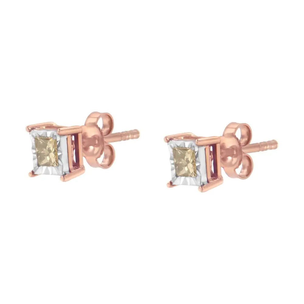 Elegant 14k Rose Gold Plated Square Diamond Solitaire Earrings