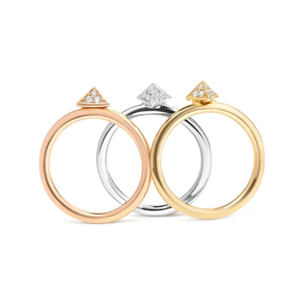 Elegant 14k Tri Color Diamond Pyramid Stackable Band Ring Set