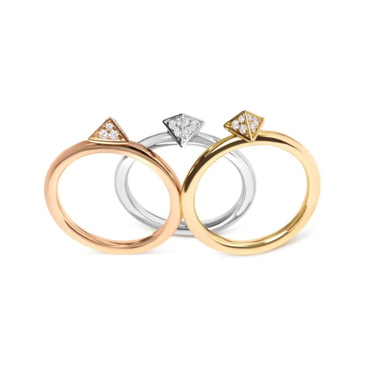 Elegant 14k Tri Color Diamond Pyramid Stackable Band Ring Set