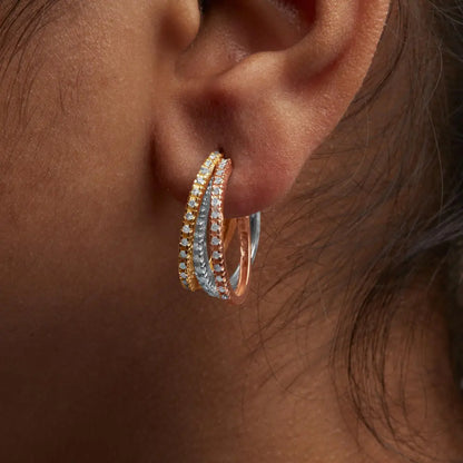 Elegant 14k Tri-toned Gold Triple Hoop Earrings with Diamonds