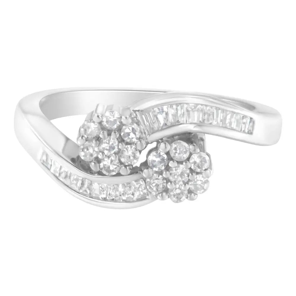 Elegant 14k White Gold Baguette Diamond Bypass Ring with Radiant Sparkle