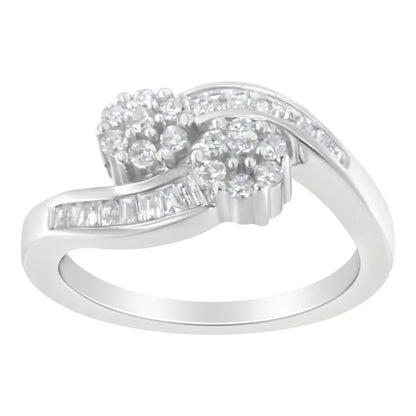 Elegant 14k White Gold Baguette Diamond Bypass Ring with Radiant Sparkle