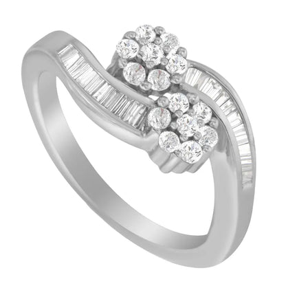 Elegant 14k White Gold Baguette Diamond Bypass Ring with Radiant Sparkle