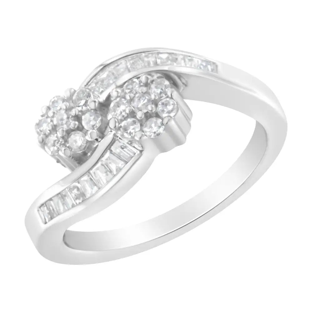 Elegant 14k White Gold Baguette Diamond Bypass Ring with Radiant Sparkle