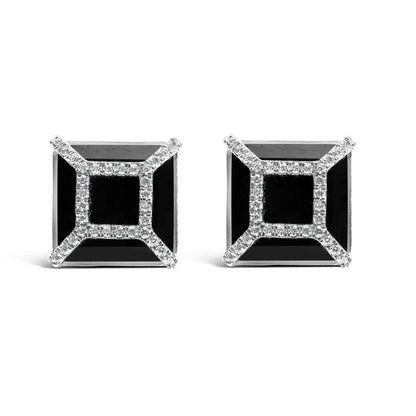 Elegant 14k White Gold Black Onyx Stud Earrings with Diamonds