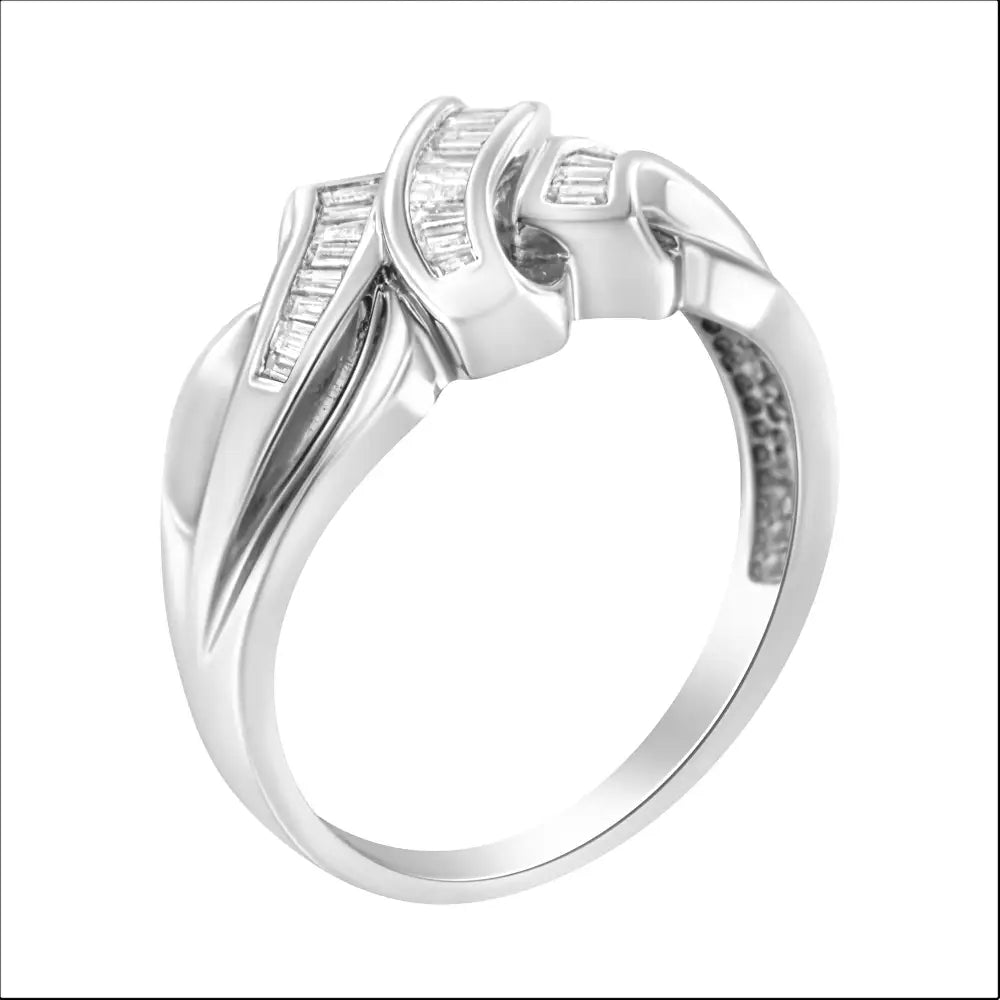 Elegant 14k White Gold Channel Set Baguette Diamond Bypass Ring