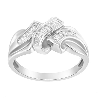 Elegant 14k White Gold Channel Set Baguette Diamond Bypass Ring