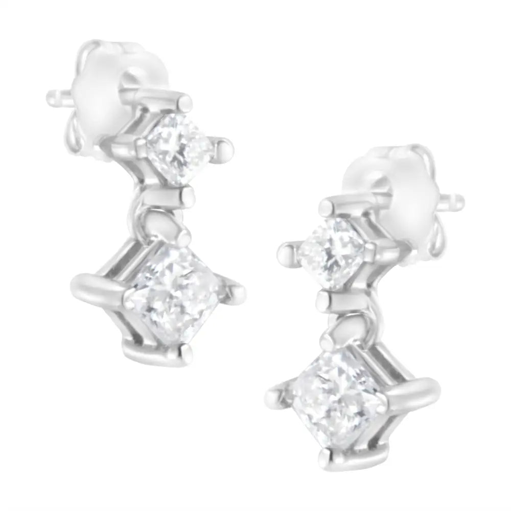 Elegant 14k White Gold Cttw Double Diamond Princess-cut Stud Earrings