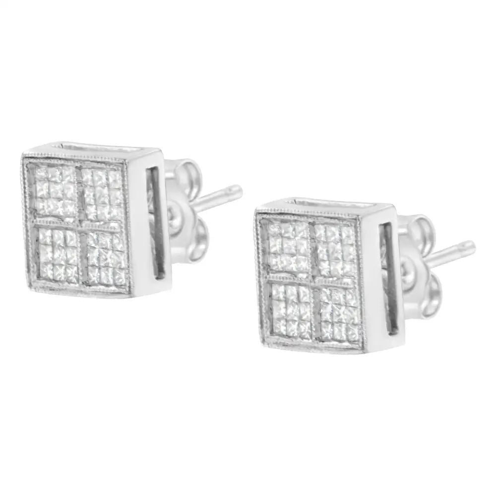 Elegant 14k White Gold Cttw Princess Diamond Composite Box Shape Earrings