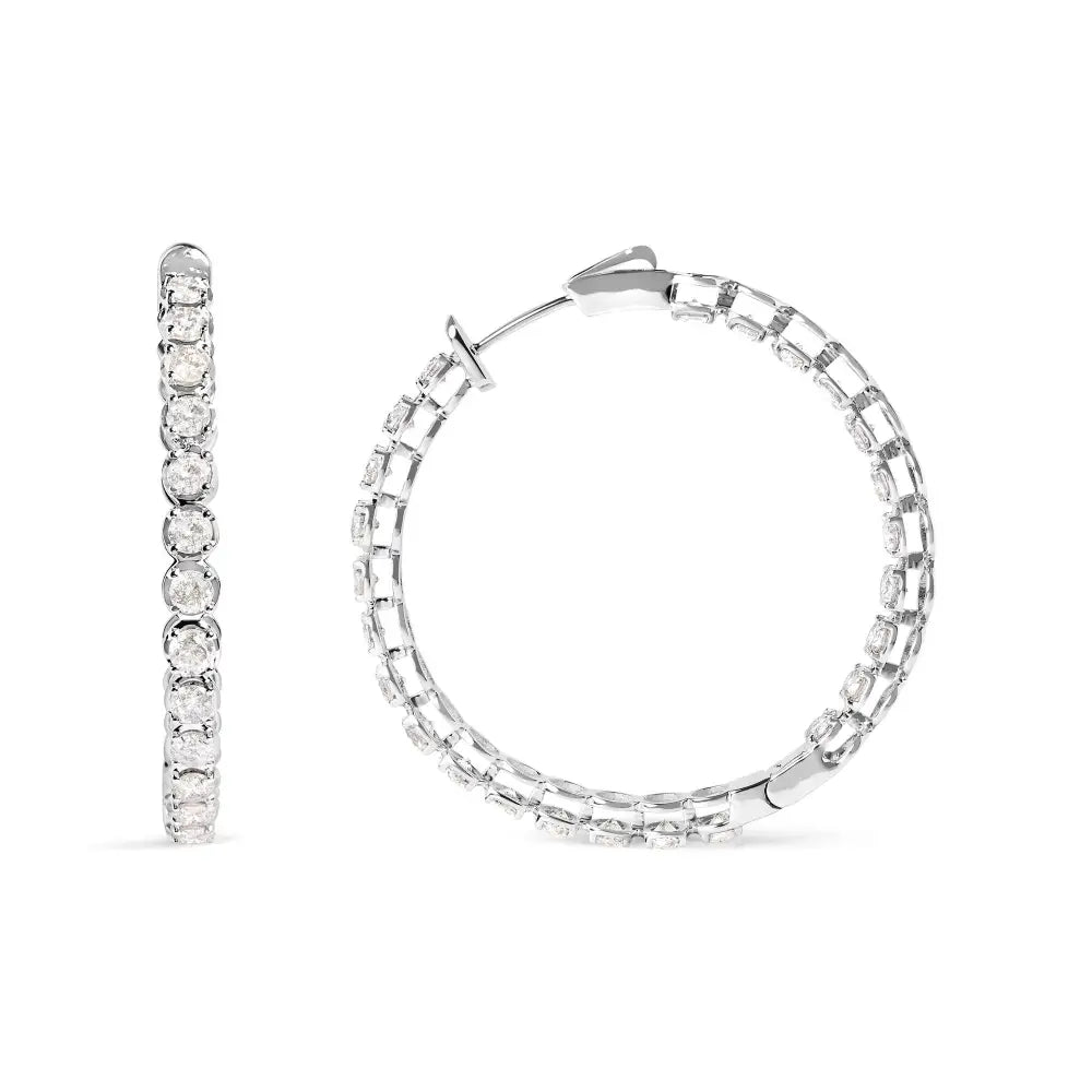 Elegant 14k White Gold Hinged Leverback Hoop Earrings with 7.0 Cttw Diamonds