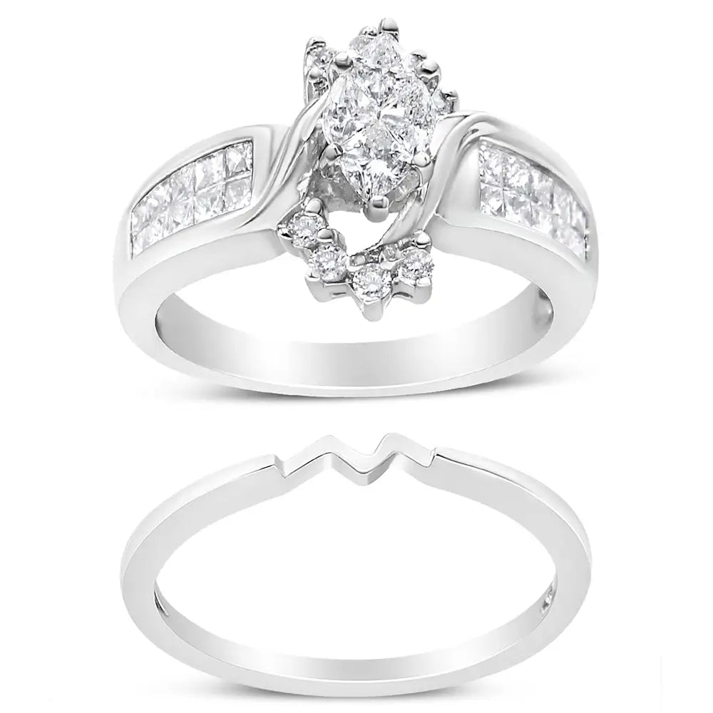 Elegant 14k White Gold Marquise Shape Solitaire Engagement Ring Set