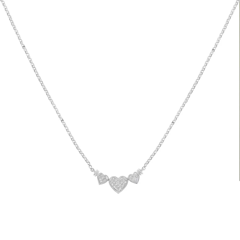 Elegant 14k White Gold Necklace with Princess Cut Diamond Three Hearts