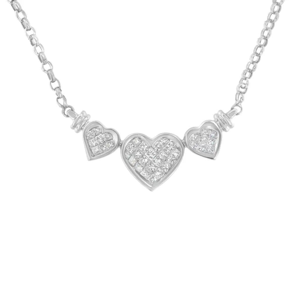 Elegant 14k White Gold Necklace with Princess Cut Diamond Three Hearts