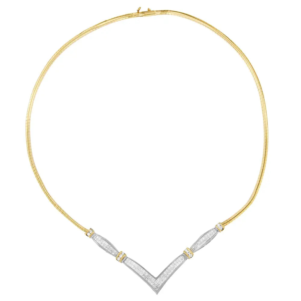 Elegant 14k Yellow and White Gold Princess-cut Diamond v Shape Necklace