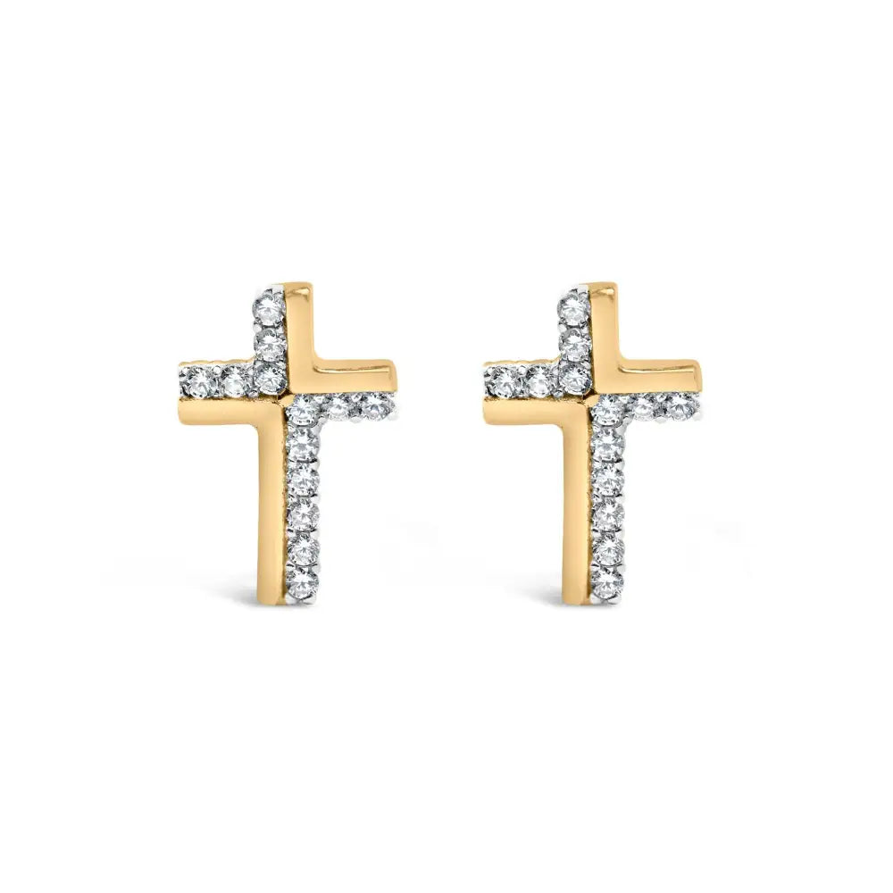 14k Yellow Gold Plated.925 Sterling Silver 1/10 Cttw Diamond Cross Stud Earring