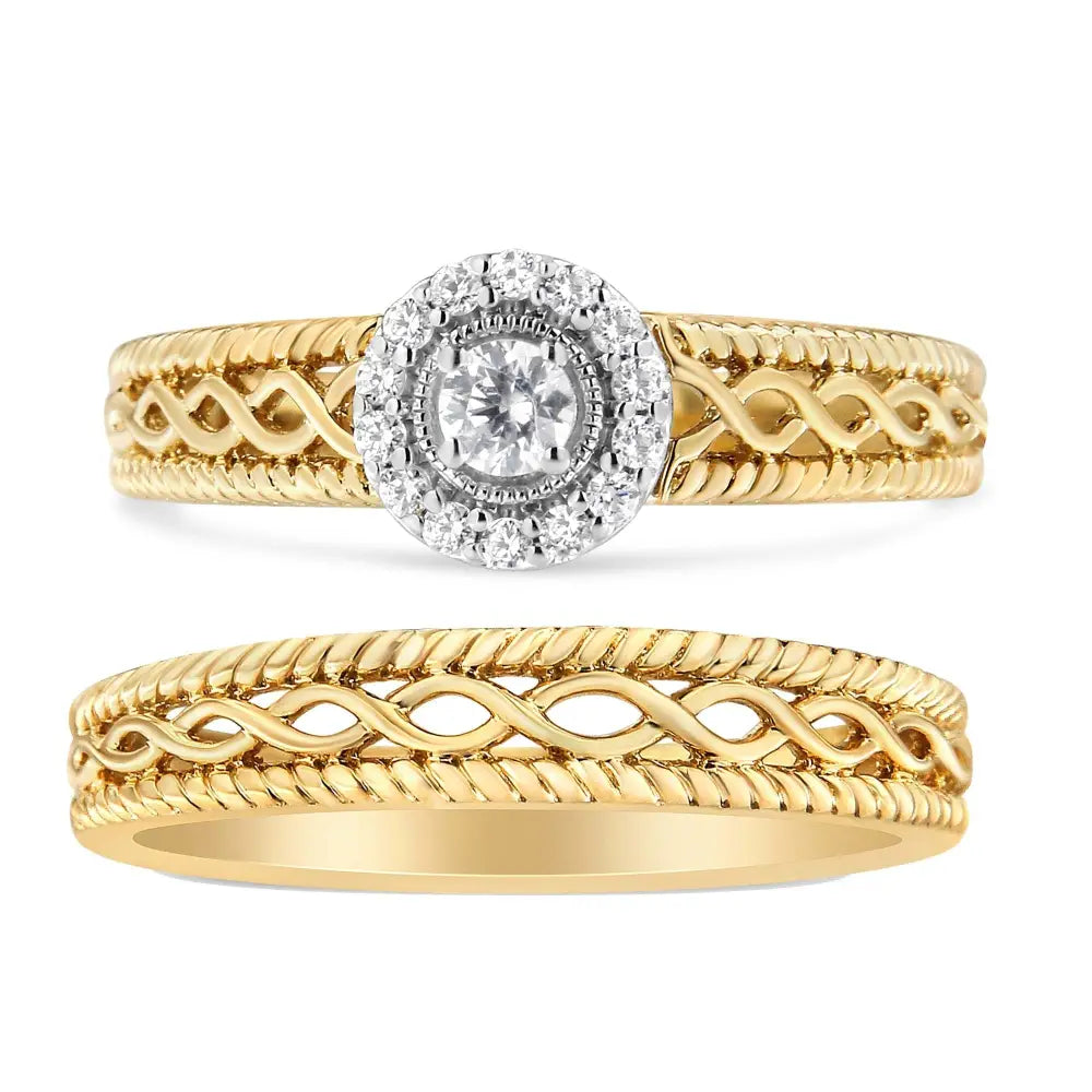 Elegant 14k Yellow Gold Cttw Diamond Halo Wedding Band Set