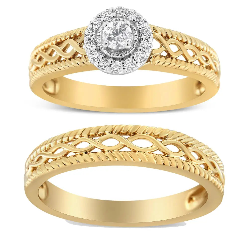 Elegant 14k Yellow Gold Cttw Diamond Halo Wedding Band Set