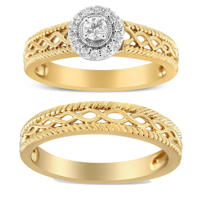 Elegant 14k Yellow Gold Cttw Diamond Halo Wedding Band Set